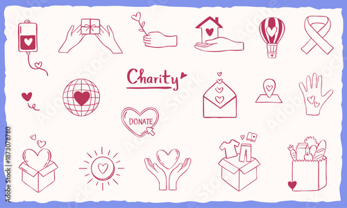 charity donation hand drawn icons illustration elemenents collection set