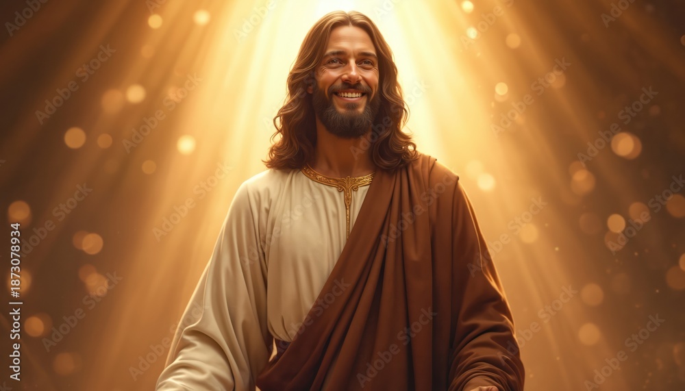 Fototapeta premium Jesus Christ smiles warmly with soft light rays. His gaze is kind, conveying peace, divine love. He wears simple robes, brown mantle draped over his shoulder. His expression offers comfort, hope.