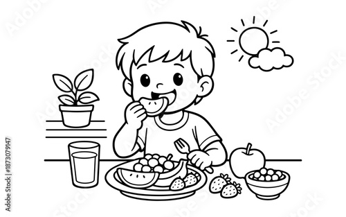 Happy child enjoying a healthy breakfast with fresh fruits and a glass of water