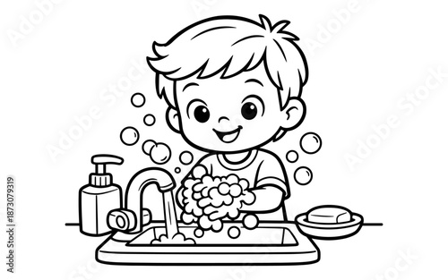 Cute cartoon boy happily washing hands with soap and water at the sink