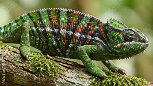Chameleon on a Branch - A Colorful Reptile in Nature.