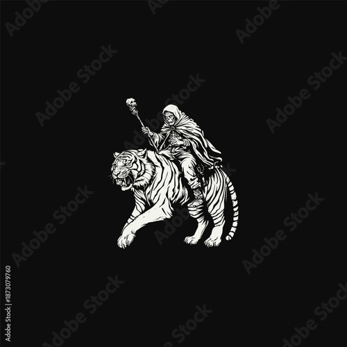 Grim reaper riding a tiger hand drawn vintage illustration
