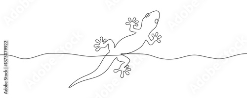 A stylized lizard or gecko crawling with spread legs. Drawing in one line art style with editable black stroke. Vector illustration.