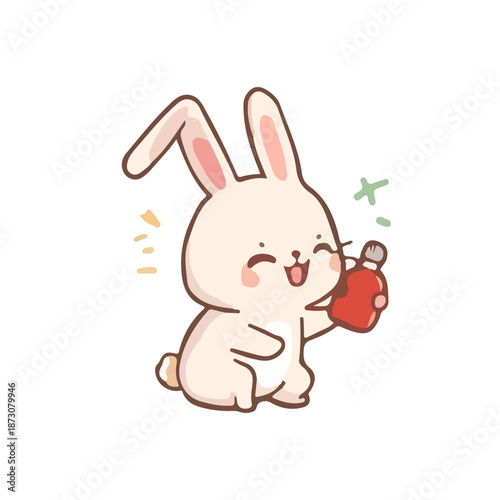 Cute cartoon Easter bunny happily holding water bottles