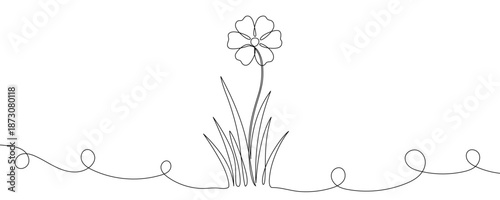 A stylized wild flower on a stem with petals, growing in grass, symbolizing spring, nature, and growth. Drawing in one line art style with editable black stroke. Vector illustration.