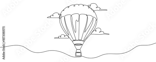 A hot air balloon with a basket in flight, surrounded by clouds, symbolizing travel, freedom, and flight. Drawing in one line art style with editable black stroke. Vector illustration.