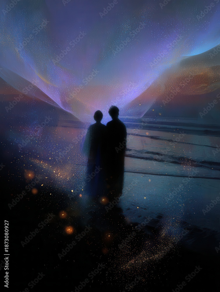 Fototapeta premium Couple silhouetted against cosmic over beach