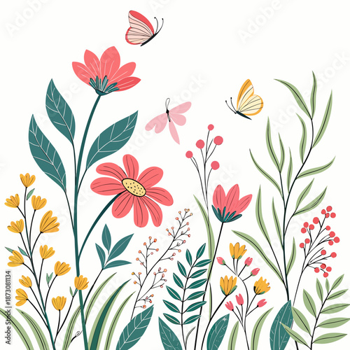 Floral Illustration with Butterflies and Pink Flowers 1.