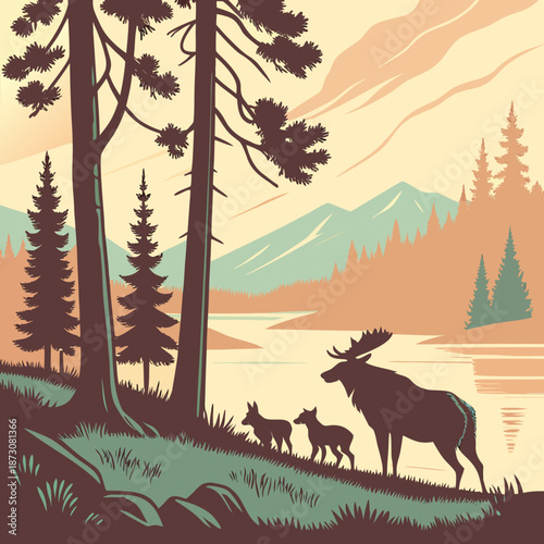 Moose Family in a Forest Landscape Illustration.