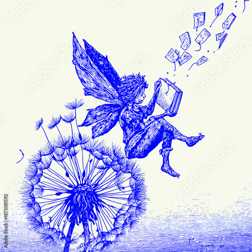 Whimsical Blue Illustration of a Moth and Dandelion