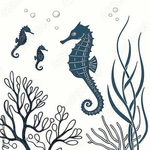 Seahorse Family in Ocean with Seaweed and Bubbles.
