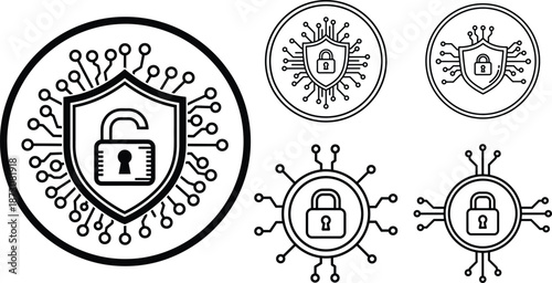 Cybersecurity icons: open padlock & shield with circuitry