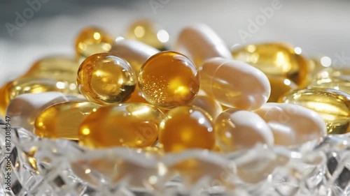 Close-up of golden Vitamin E and white supplement capsules in a glass bowl. Mixed vitamin pills including Omega 3 fish oil softgels and medication. Healthcare and nutrition concept