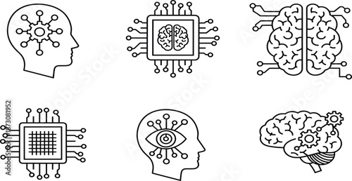 Vector illustration of AI and neural icons—symbols for machine learning, cognitive computing, digital intelligence, brain circuits, and tech innovation