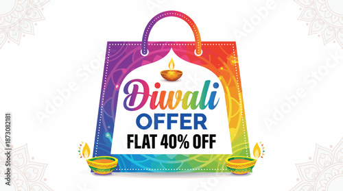 Diwali festival shopping offer banner, colorful shopping bag design with diya lamps, flat 40 percent discount promotion illustration