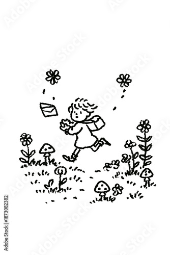 Playful child exploring a whimsical garden