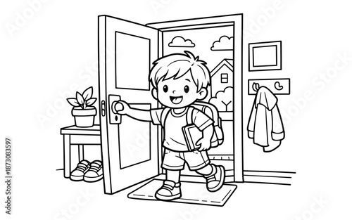 Happy cartoon boy with backpack and book leaving home for school