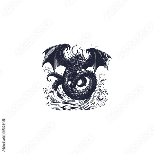 Giant sea dragon or leviathan emerging from stormy waves hand drawn vintage illustration