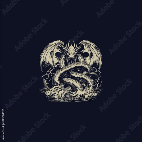 Giant sea dragon or leviathan emerging from stormy waves hand drawn vintage illustration