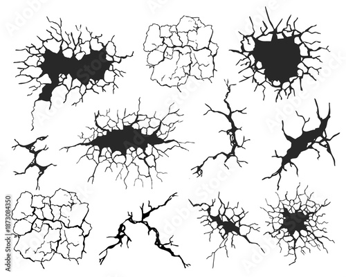 Crack concrete wall texture, floor ground broken effect. Horizontal breaks on land surface. Dry soil. Damaged by earthquake fissure and fracture.