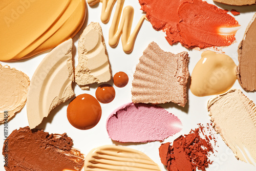 Top view of various cosmetic textures on a white background. Beauty product sample swatch including liquid foundation, cream concealer, crushed powder, and colorful eyeshadow smears. A diverse palette