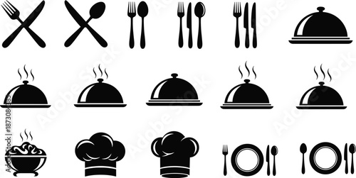 Black Silhouette Icons of Dining Elements — Cutlery, Covered Dishes, Chef Hats, Steaming Bowls, and Place Settings for Culinary Branding