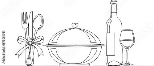 Romantic Minimalist Line Art of Dining Elements — Cutlery with Ribbon, Covered Dish with Heart Handle, Wine Bottle and Glass