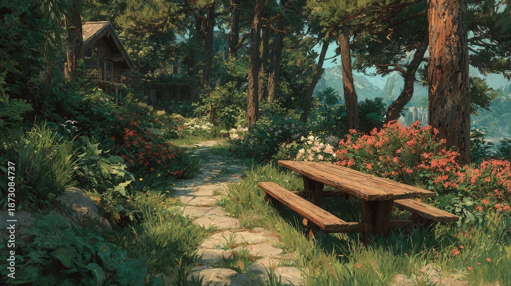 Obraz premium Wooden picnic table in forest garden path