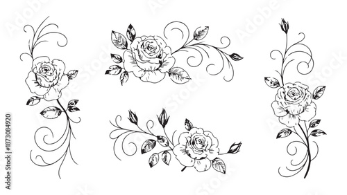 Black and white floral rose corners with elegant vine flourishes and decorative botanical ornaments