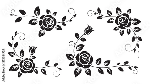 Dainty floral circle borders with thin line rose sketches and hand drawn botanical laurel wreaths set