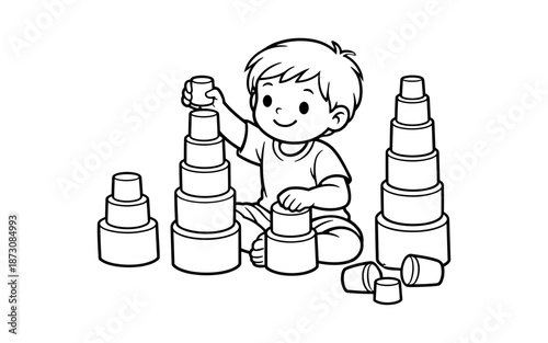 Cute cartoon boy stacking rings on a white background, learning and playing