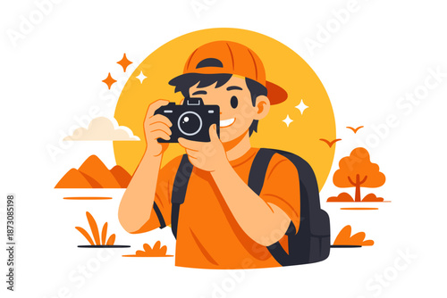 Young hispanic male photographer in nature setting with camera and backpack