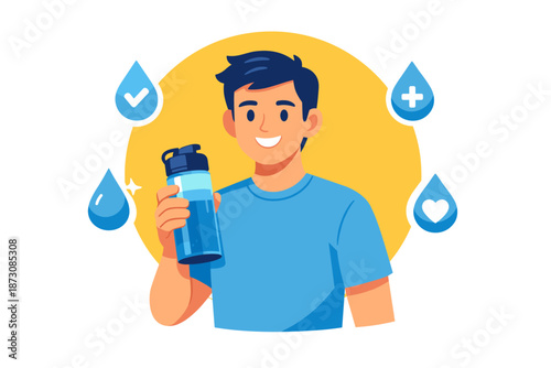 Smiling young caucasian male with water bottle promoting hydration and health benefits