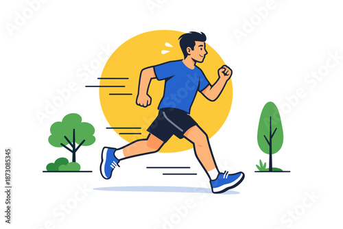 Young asian male jogger running outdoors with nature elements in the background