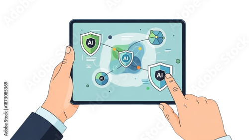 Tablet displaying interconnected AI security shields and network nodes