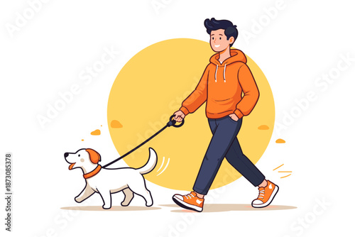 Young caucasian male walking dog in casual outfit with joyful expression