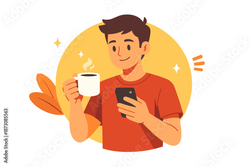 Young asian male enjoying coffee while using smartphone in casual setting