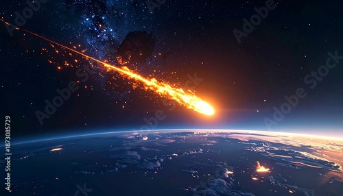 A massive asteroid streaks across the sky, entering Earth's atmosphere with fiery intensity from a distant viewpoint in space.