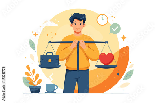 Asian young adult male balancing work and life with scale