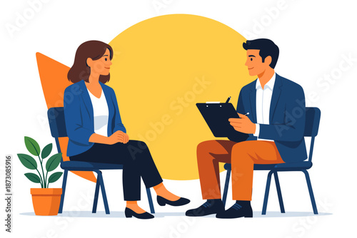 Professional caucasian adults in office meeting: male and female discussing business strategy