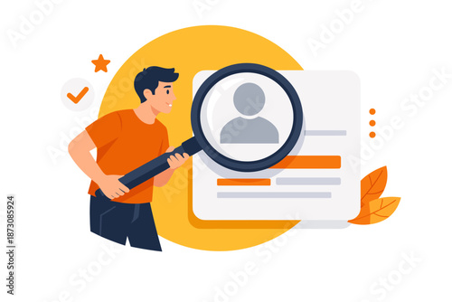 Young caucasian male analyzing digital profile with magnifying glass