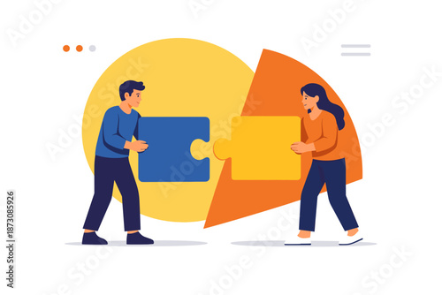 Young caucasian male female teamwork concept with puzzle pieces