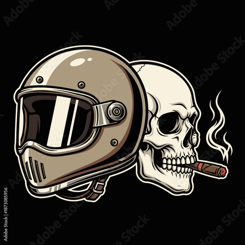 Skull Wearing Motorcycle Helmet Smoking Cigar Illustration.