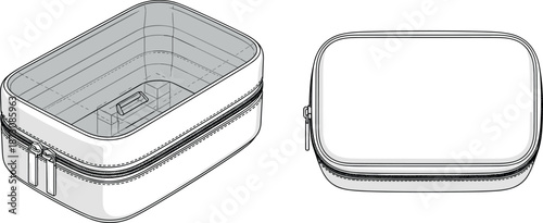 Blank rectangular zipper pouch vector template, technical drawing of travel organizer bag isolated on white background for product design.