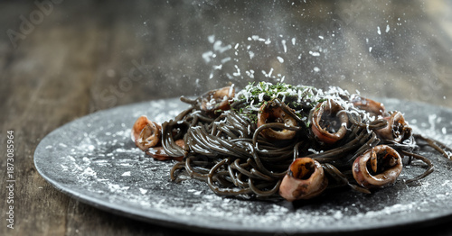 Vászonkép squid ink pasta with squid