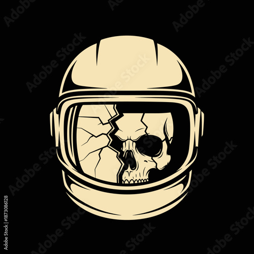 Astronaut helmet with cracked skull inside, space exploration danger.