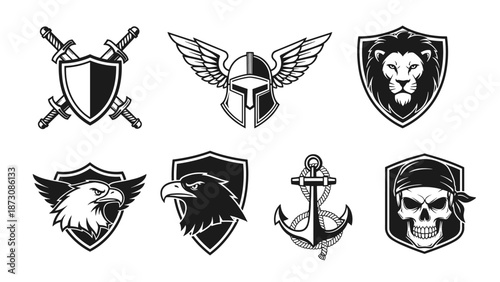 Collection of Emblematic Shields Featuring Diverse Symbols.