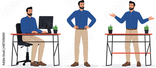 Businessman Character Poses in Office Workspace Showing Working, Standing, and Presenting Gestures for Corporate, Professional, and Workplace Concepts Flat Vector Illustration