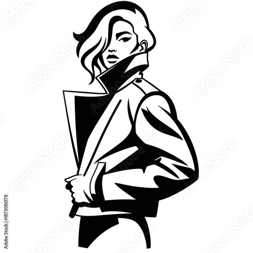 Stylish woman in trench coat black and white illustration.