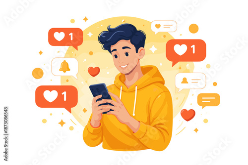 Young hispanic male engaged with social media on smartphone